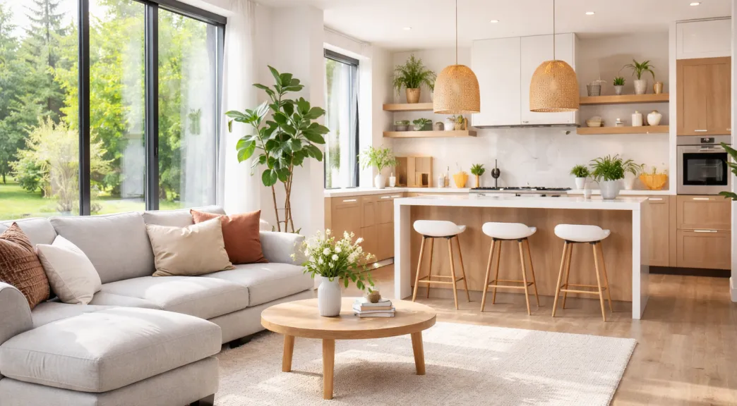 A bright, modern open-plan living room and kitchen with minimalist decor, natural wood accents, and large windows that fill the space with soft natural light.