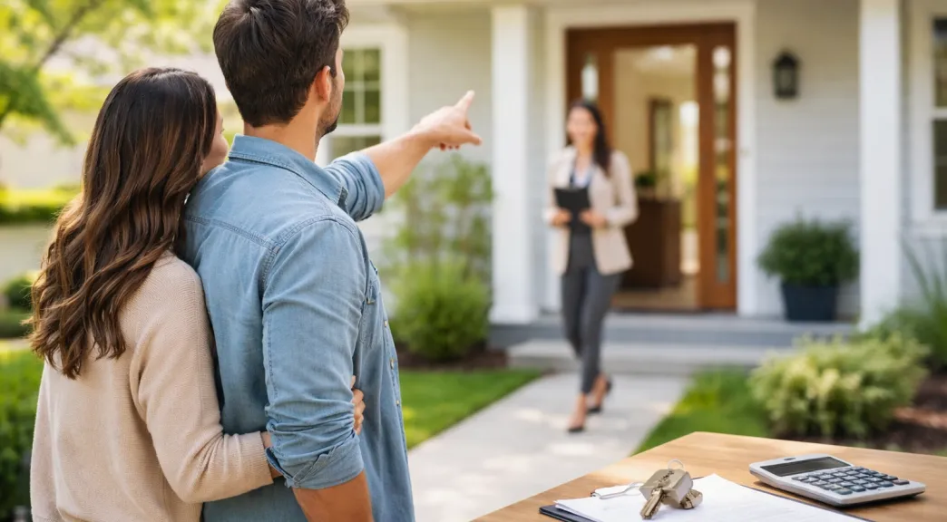 A high-resolution, realistic image of a couple inspecting a house with their real estate agent, while documents, keys, and a calculator sit on a table in the foreground.